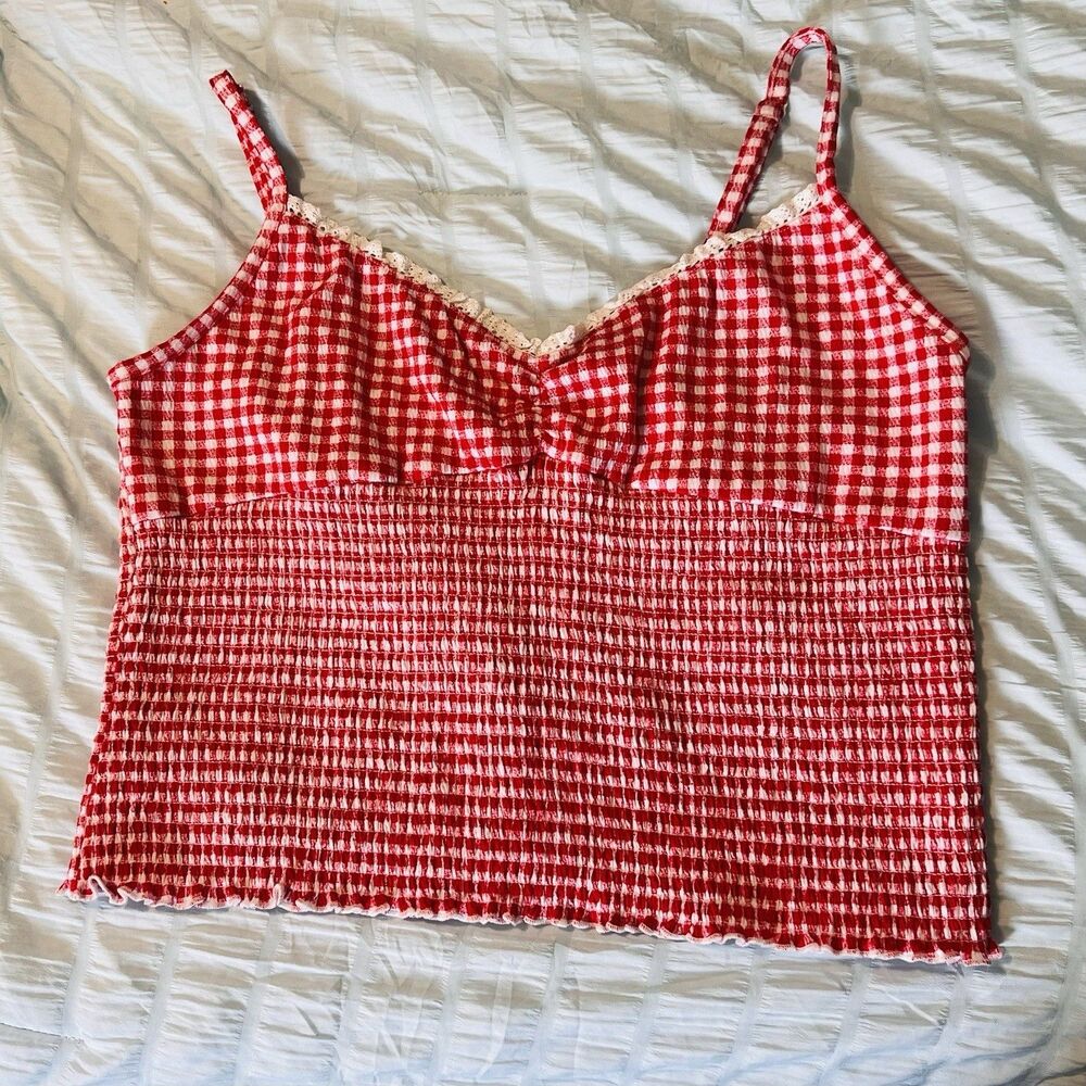 Red Gingham Checked Cropped Tank Top Smocked Waist Size XL Patriotic Country